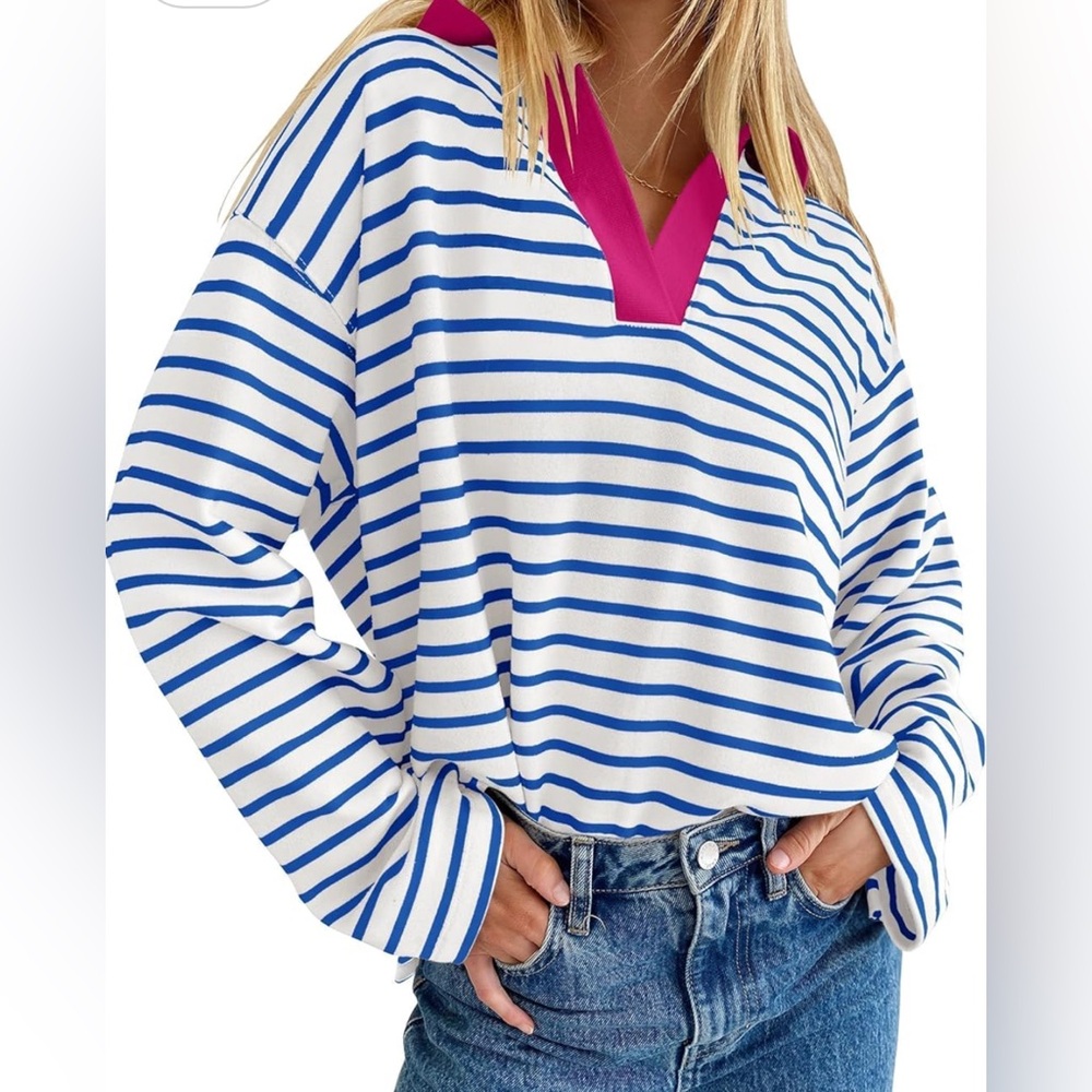 Blue and White Oversized Striped Hoodie